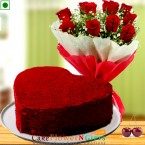 send half kg Eggless heart shaped red velvet cake n roses flower bouquet delivery