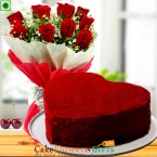 send 1 kg heart Eggless shaped red velvet cake n roses flower bouquet delivery