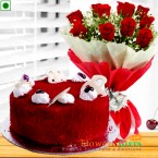 send half kg eggless red velvet cake n roses flower bouquet delivery