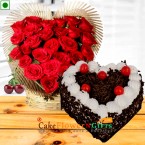 send designer heart shape arrangement and half kg black forest cake delivery
