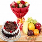 send half kg Black forest cake 2 kg fresh fruit basket n 10 roses bouquet delivery