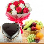 send half kg heart shape chocolate cake 3 kg fresh fruit basket n Carnation bouquet delivery