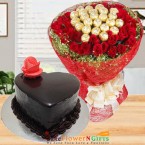 send half kg chocolate truffle heart shape cake n roses chocolate bouquet delivery