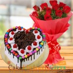 send 1kg black forest gems heart shape cake and roses bouquet delivery