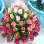 send romantic mix 50  pink roses basket delivery