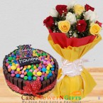 send 1kg kitkat gems chocolate cake n mix roses  delivery