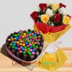 send half kg kitkat gems chocolate heart shape cake n roses bouquet delivery