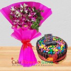 send eggless half kg kitkat gems chocolate heart shape cake n orchids bouquet delivery