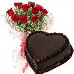 send eggless half kg heart shape chocolate truffle cake n 10 red roses bouquet delivery