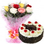 send Order500gms Black Forest Cake with Mix Roses Bunch Delivery