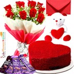 send eggless half kg heart shape red velvet cake teddy bear chocolate red roses bouquet greeting card delivery