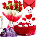 send 1kg red eggless velvet cake teddy bear chocolate red roses bouquet greeting card delivery