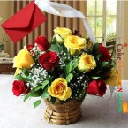 send 15 red yellow roses basket delivery