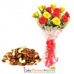 send red yellow rose bouquet with dry fruits delivery