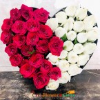 send 40 red white roses heart shape arrangement delivery