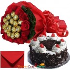 send half kg black forest cake n roses ferrero rocher chocolates bouquet delivery