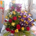 send 15 yellow red roses teddy n 10 chocolate bouquet delivery