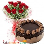 send half kg eggless choco chip cake and 10 red roses bouquet delivery