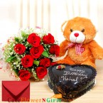 send half kg heart shape chocolate cake roses bouquet teddy delivery