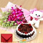 send half kg black forest cake teddy orchids bouquet delivery