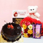 send half kg eggless chocolate Cake mixed roses teddy bear dairy milk silk chocolates card delivery