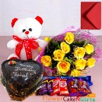 send half kg eggless heart shape choco chips chocolate cake roses bouquet teddy bear chocolate delivery