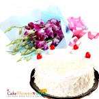send half kg eggless white forest cake and 5 purple orchid bouquet delivery