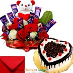 send eggless half kg heart shape black forest cake n teddy roses chocolate combo gifts delivery