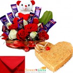 send 1kg heart shape butterscotch cake cake n teddy roses chocolate combo gifts delivery
