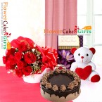 send 1kg choco chips cake teddy roses bouquet  delivery