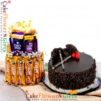 send half kg eggless choco chips cake with two layer chocolate arrangement delivery