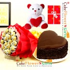 send 1kg eggless choco chips heart shape cake teddy ferrero choco chocolate bouquet delivery