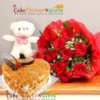 send half kg butterscotch heart shape cake roses bouquet teddy delivery