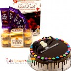 send half kg eggless gems cake n ferrero rocher dairy milk card delivery