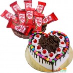 send half kg eggless chocolate gems cake kitkat chocolate basket delivery