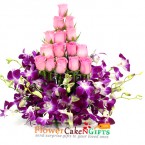 send 15 pink roses 6 purple orchids in basket delivery