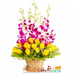 send 15 roses and 6 orchid flower basket delivery