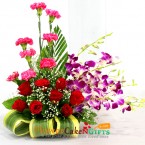 send 7 Red Roses 8 Pink Carnations 6 Purple Orchids in Basket delivery