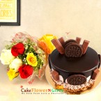 send kitkat oreo chocolate cake with 6 roses bouquet delivery