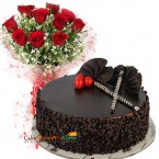 send half kg choco chips cake and 10 red roses bouquet delivery