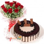send half kg eggless kitkat chocolate cake 10 red roses bouquet delivery