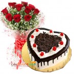 send half kg eggless heart shape black forest cake 10 red roses bouquet delivery