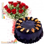 send half kg walnut choco cake n 10 roses bouquet delivery