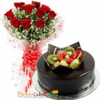 send half kg chocolate fruit cake n 10 roses bouquet delivery