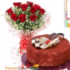 send half kg eggless red velvet cake n 10 roses bouquet delivery