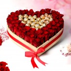 send  26 Ferrero Rocher 50 Red Roses heart shape arrangement delivery