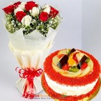 send 10 red white roses bouquet and half kg red velvet fruit cake delivery