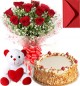Eggless Butterscotch Cake Roses Bouquet N Teddy 
