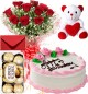 Eggless Strawberry Cake Roses Bouquet Teddy N Ferrero Rocher Box