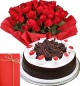 1Kg Black Forest Cake with 25 Red Roses Bouquet n Greeting Card